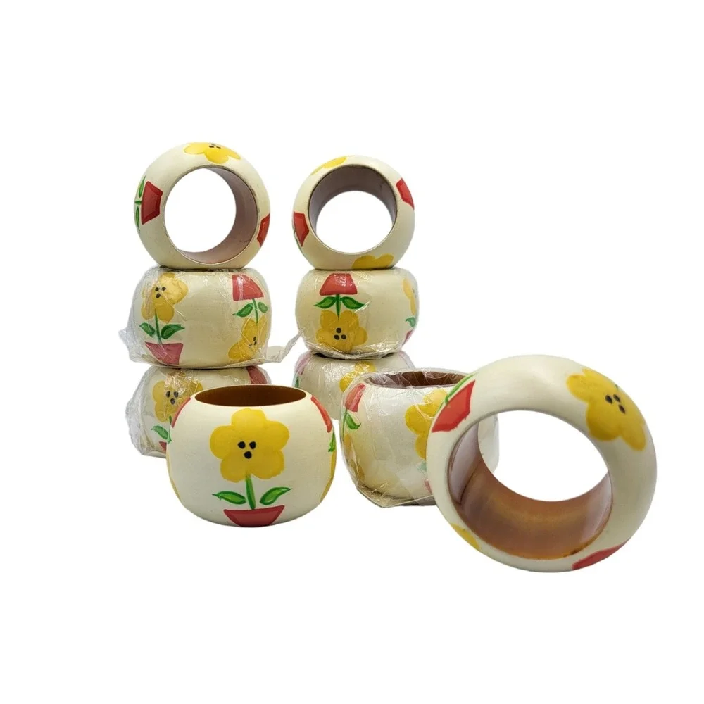 Set of 9 American Home Collection Handpainted Flower Pots Napkin‎ Rings Holders